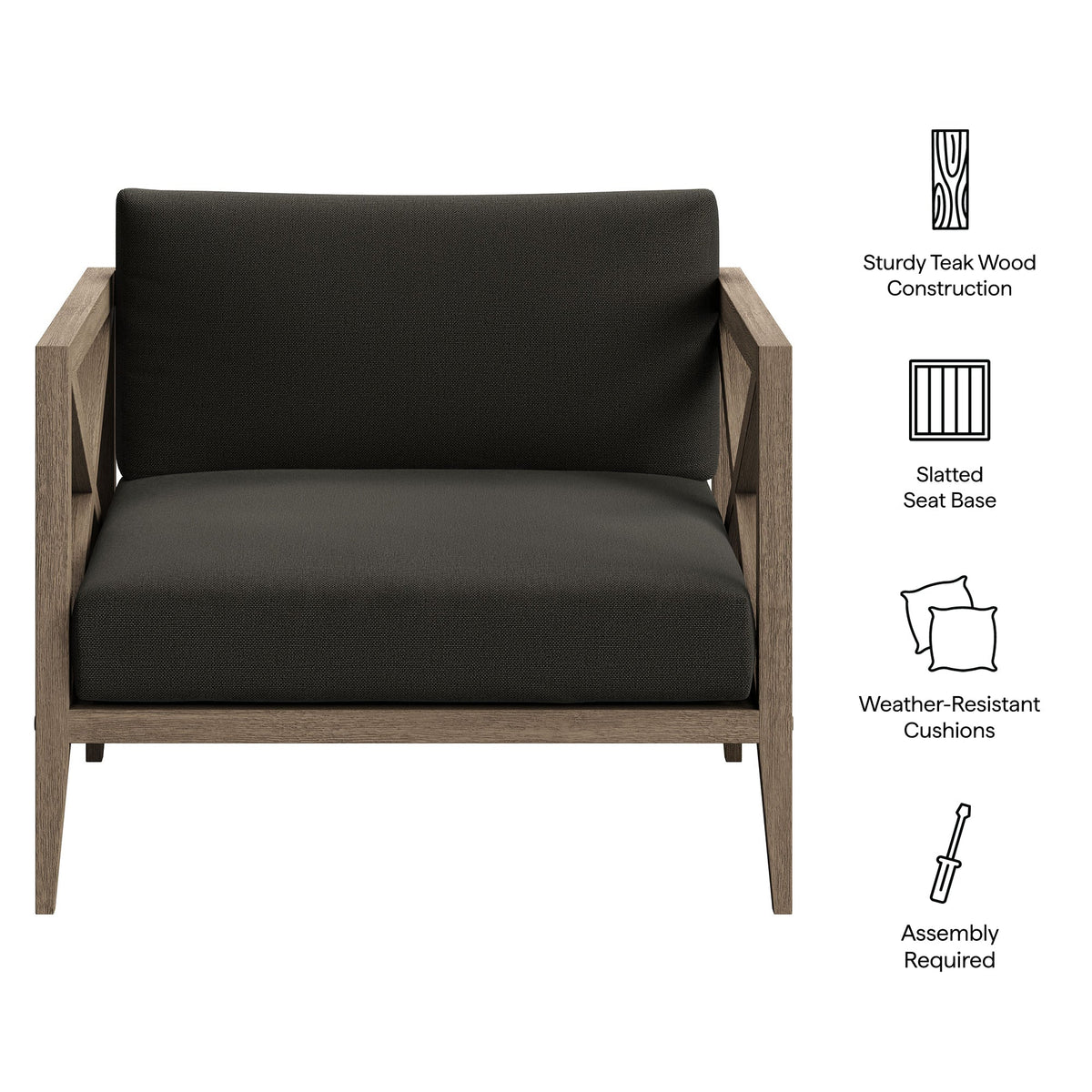 Northlake Outdoor Patio Teak Armchair with black weather-resistant cushions and teak wood frame on Tampa Home & Garden Store