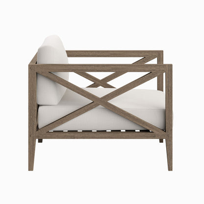 Northlake outdoor teak armchair with beige cushions and crisscross lattice frame HouseOfZazla on Tampa Home & Garden Store