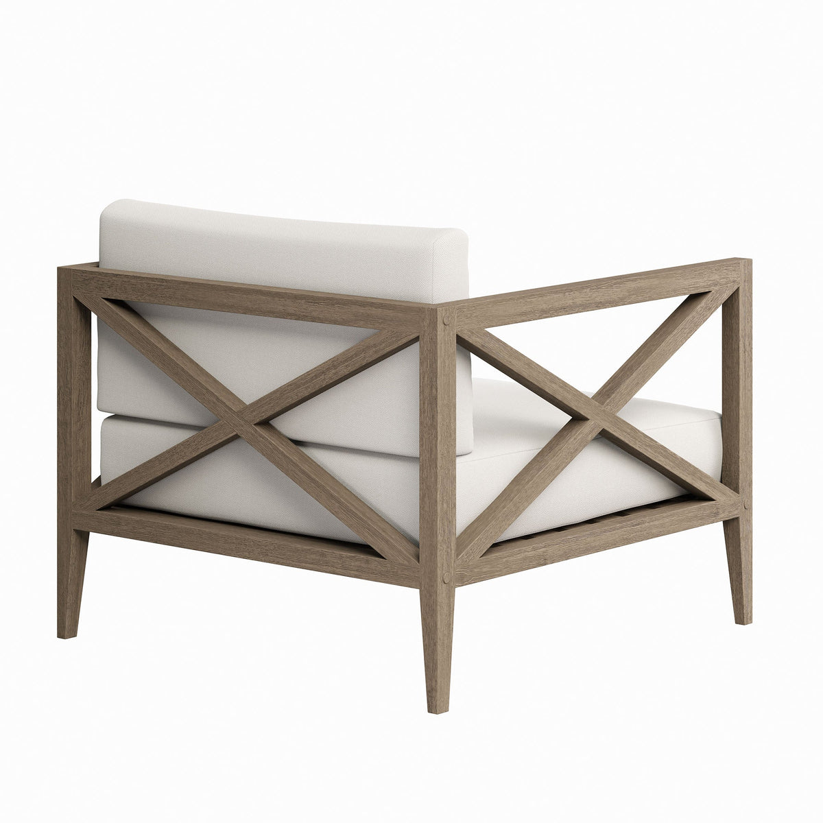 Northlake outdoor teak armchair with beige cushion and crisscross lattice frame on Tampa Home & Garden Store