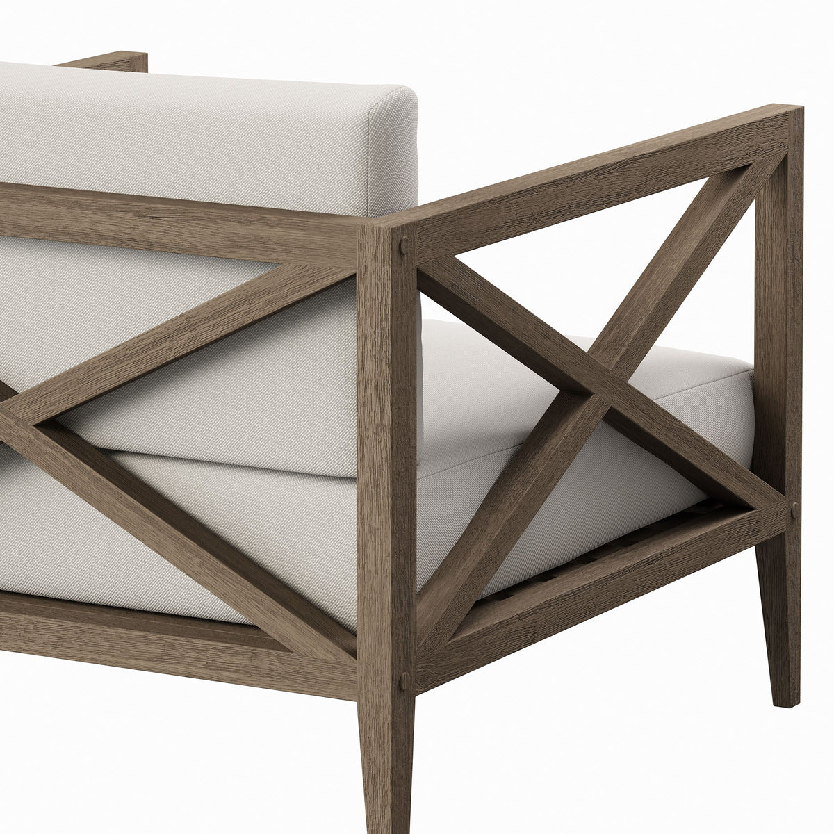 Northlake outdoor teak armchair with beige cushion and crisscross teak frame on Tampa Home & Garden Store