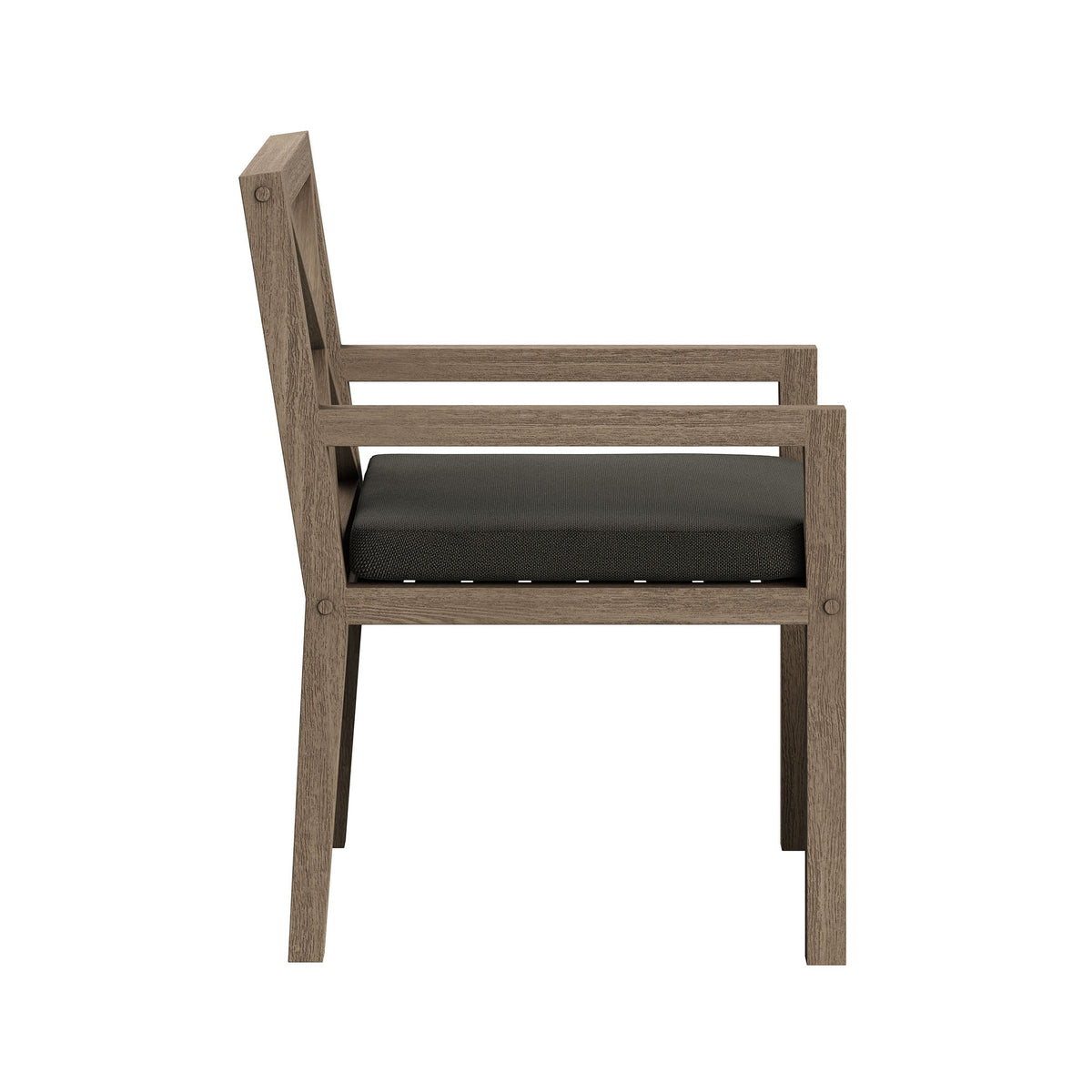 Northlake teak outdoor dining chair with brown wood frame and black cushion on Tampa Home & Garden Store