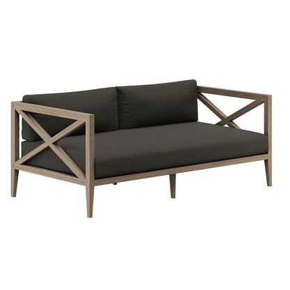 Northlake outdoor teak wood loveseat and ottoman set with charcoal cushions and cross-brace arms on Tampa Home & Garden Store