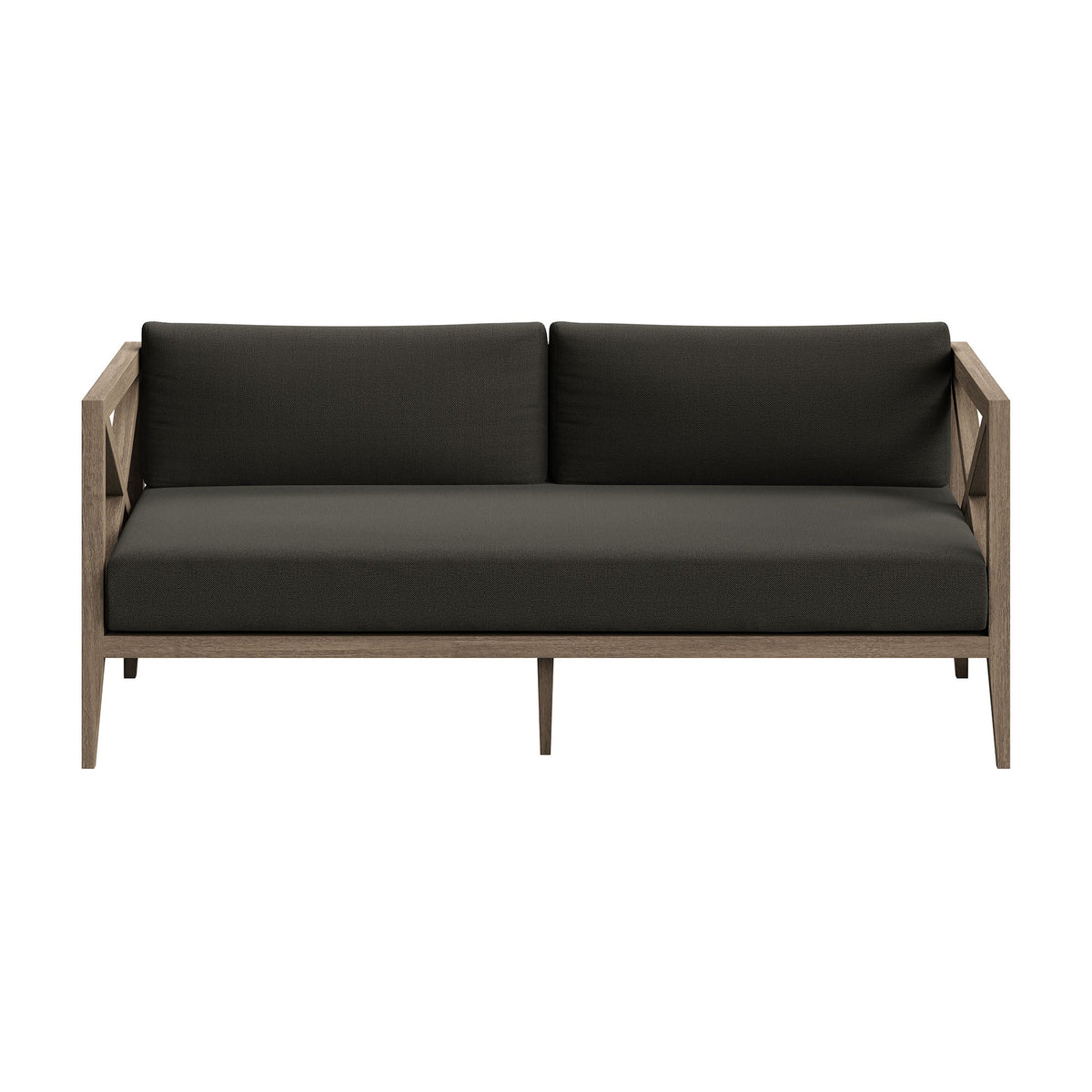 Northlake outdoor teak wood loveseat with dark charcoal cushions, teak frame and slim arms on Tampa Home & Garden Store