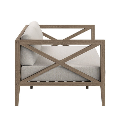 Northlake teak wood outdoor loveseat with beige cushions and diagonal cross-brace frame on Tampa Home & Garden Store
