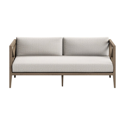 Northlake outdoor teak wood loveseat with light gray cushions and solid wooden frame on Tampa Home & Garden Store