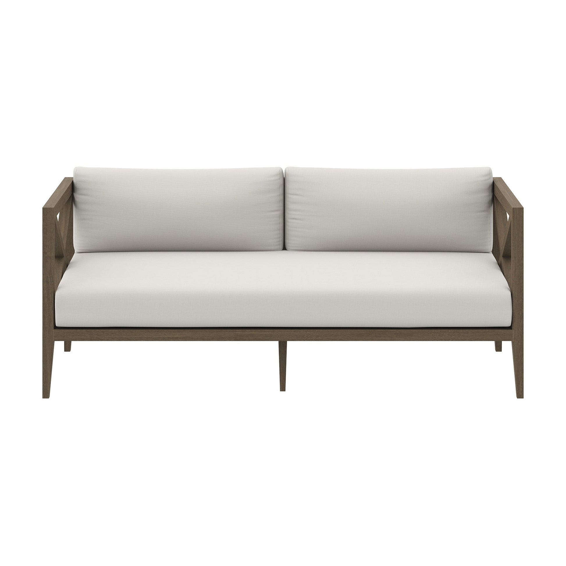 Northlake outdoor teak loveseat by Modway with light gray cushions and wooden frame on Tampa Home & Garden Store