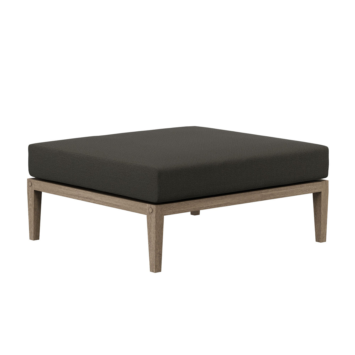 Ottoman with teak wood frame and charcoal fabric cushion for outdoor use, light wood legs on Tampa Home & Garden Store