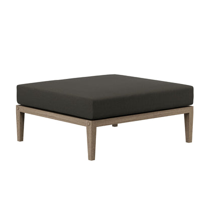 Ottoman with teak wood frame and charcoal fabric cushion for outdoor use, light wood legs on Tampa Home & Garden Store