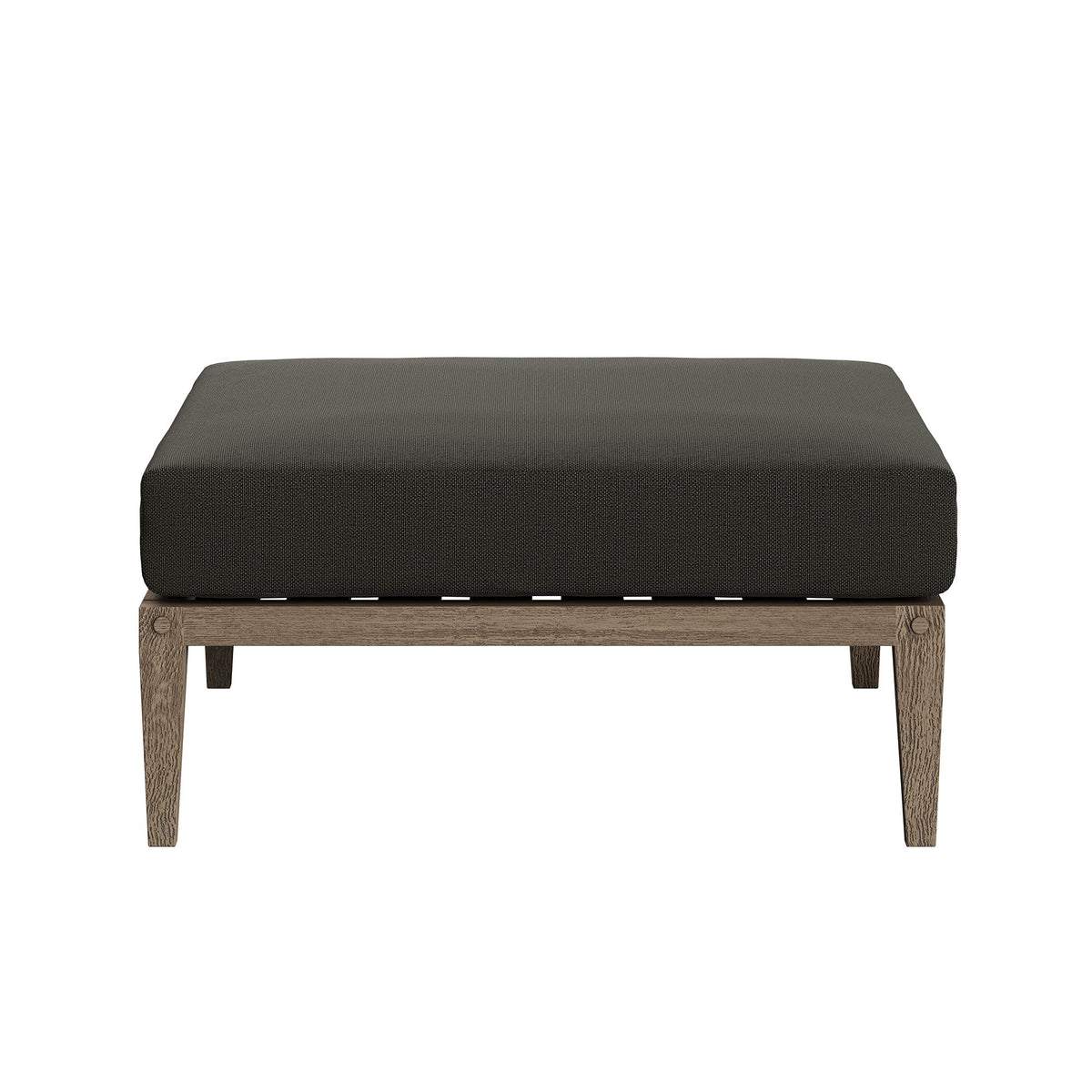 Northlake outdoor teak ottoman with dark woven cushion and exposed teak legs on Tampa Home & Garden Store