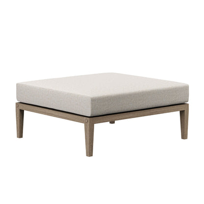 Northlake outdoor teak wood ottoman with beige fabric cushion on natural wood base on Tampa Home & Garden Store