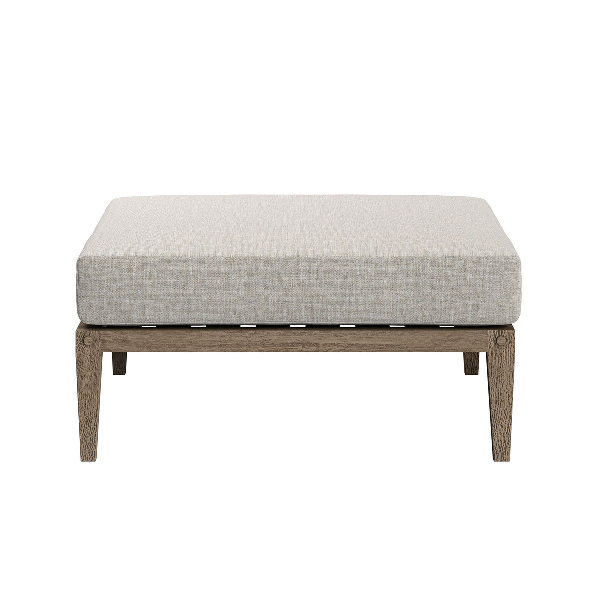 Northlake outdoor teak wood ottoman with beige fabric cushion on a rustic wood frame on Tampa Home & Garden Store