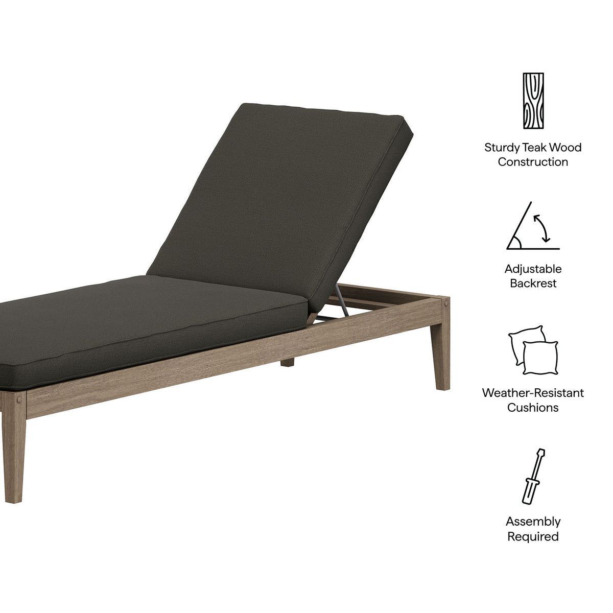 Northlake outdoor teak chaise lounge with dark cushions and teak wood frame by HouseOfZazla on Tampa Home & Garden Store