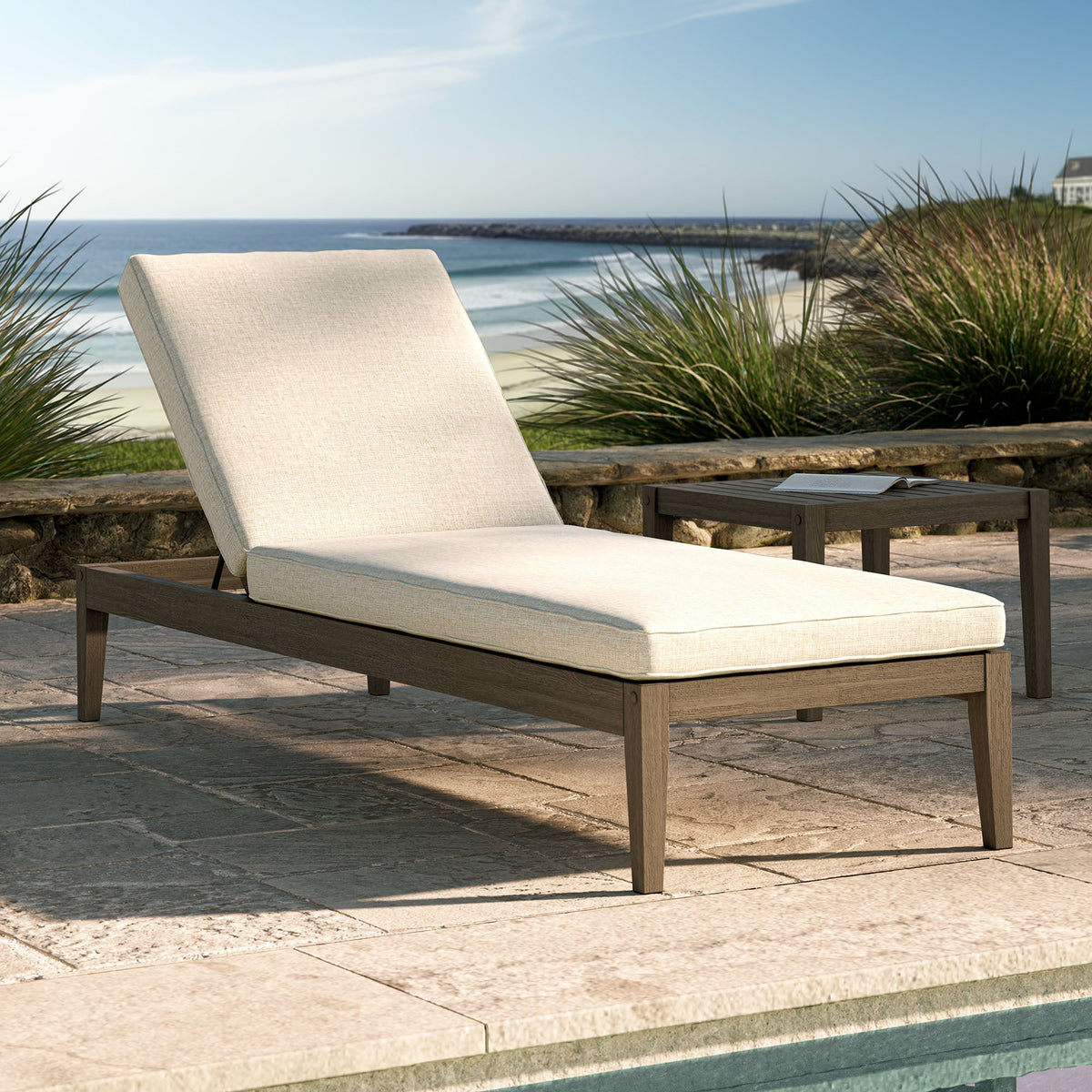 Northlake outdoor teak chaise lounge with beige cushion and wood frame by Modway on Tampa Home & Garden Store