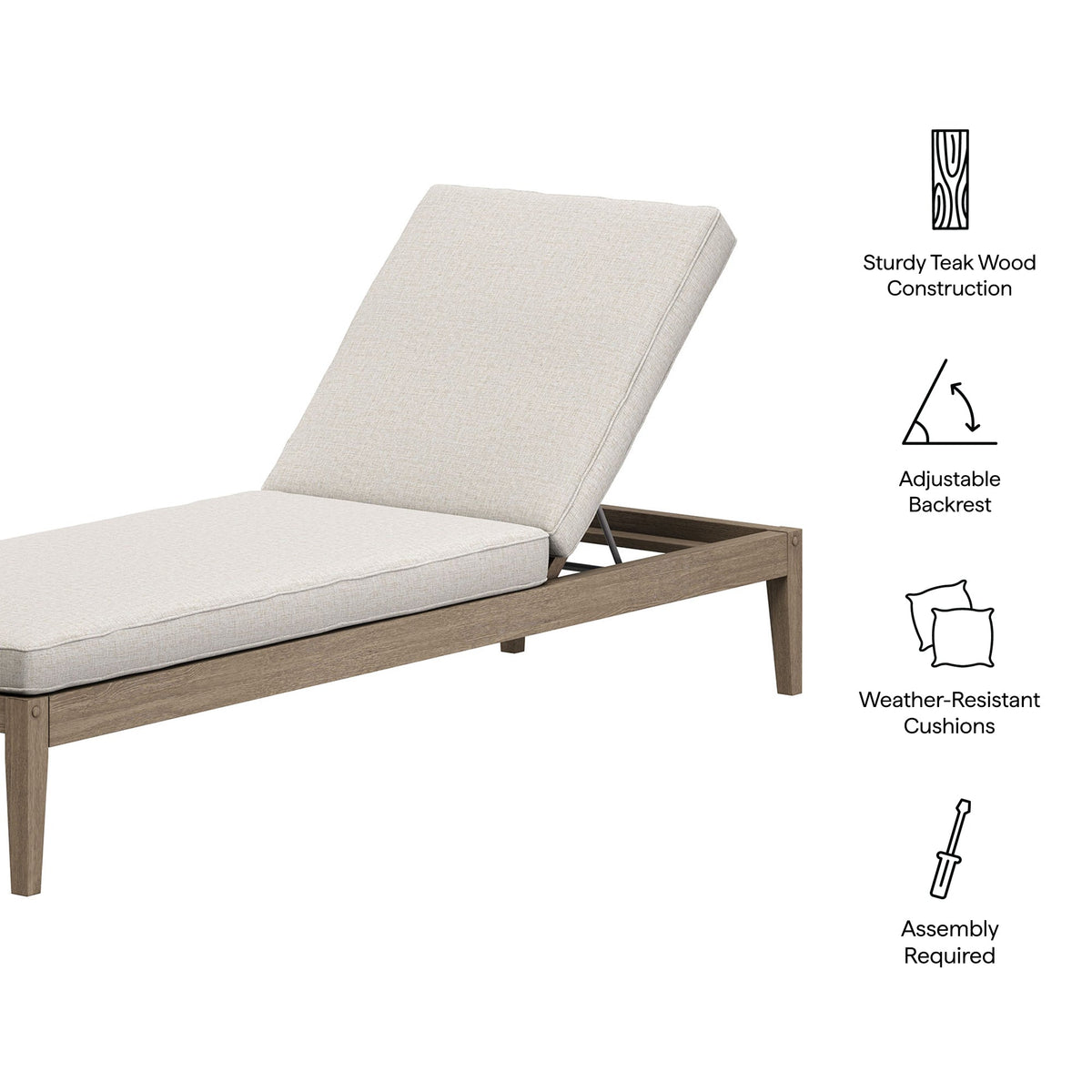 Northlake outdoor teak chaise lounge with beige cushions and adjustable backrest on Tampa Home & Garden Store
