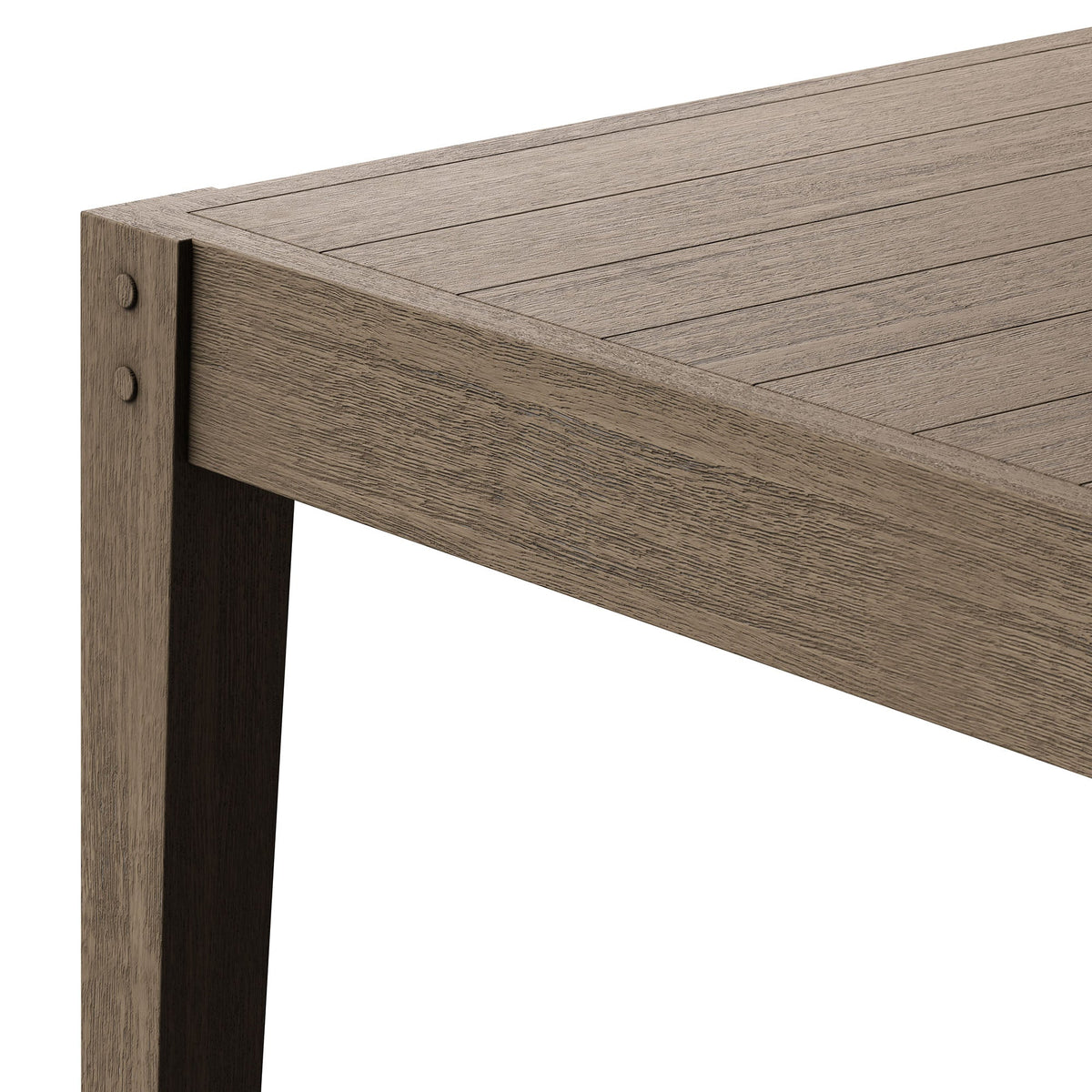 Northlake teak wood outdoor dining table close-up with slatted top and corner join on Tampa Home & Garden Store