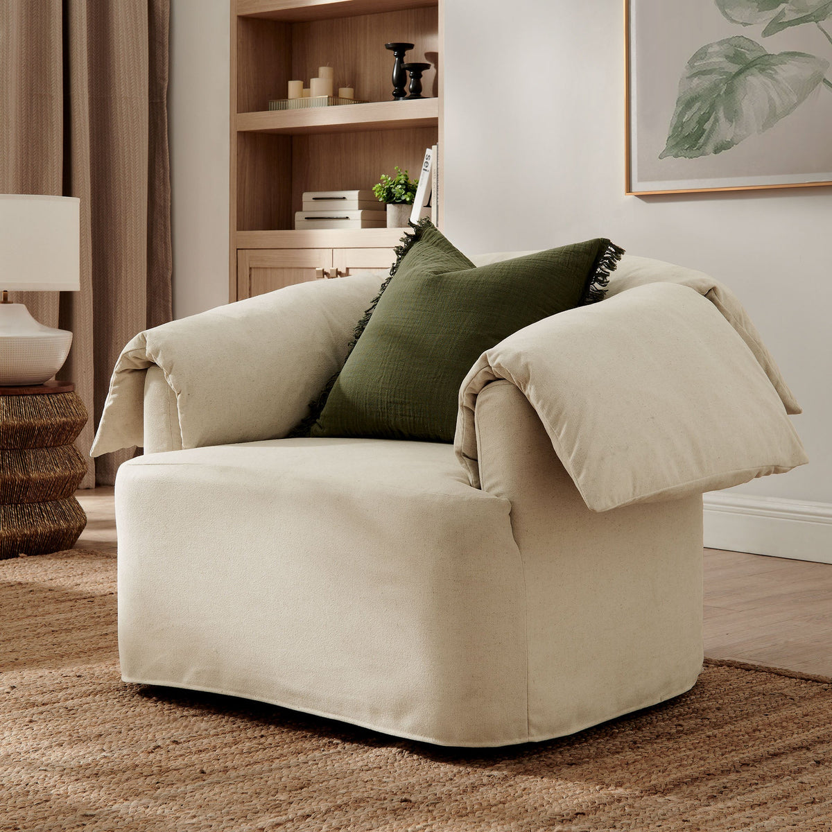 Lark slipcovered oversized armchair in beige fabric with olive green pillow by Modway on Tampa Home & Garden Store