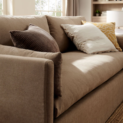 Wellfleet 85-inch slipcovered fabric sofa by Modway in taupe with cushions and white pillow on Tampa Home & Garden Store