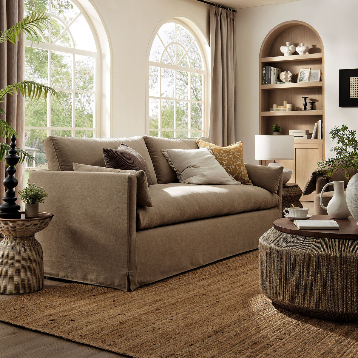 Wellfleet 85in Slipcovered Fabric Sofa by Modway in taupe slipcover with plush cushions on Tampa Home & Garden Store
