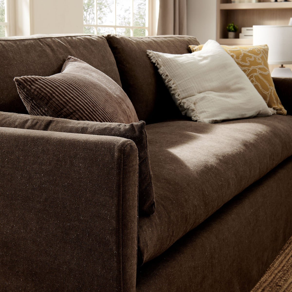 Wellfleet 85-inch slipcovered fabric sofa by Modway in brown with coordinating pillows on Tampa Home & Garden Store