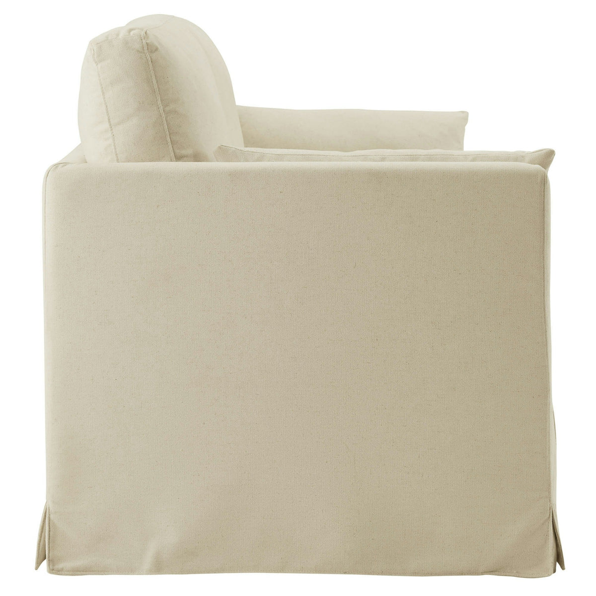 Wellfleet 85 inch slipcovered fabric sofa in beige with cushioned back and skirted base on Tampa Home & Garden Store