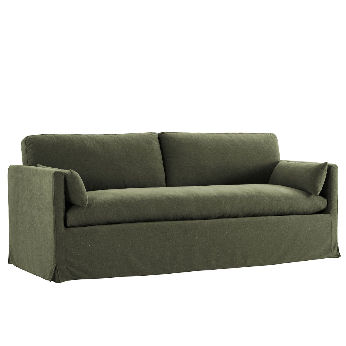 Wellfleet 85 inch slipcovered sofa in olive green with plush cushions and square arms on Tampa Home & Garden Store