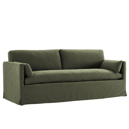 Wellfleet 85 inch slipcovered sofa in olive green with plush cushions and square arms on Tampa Home & Garden Store