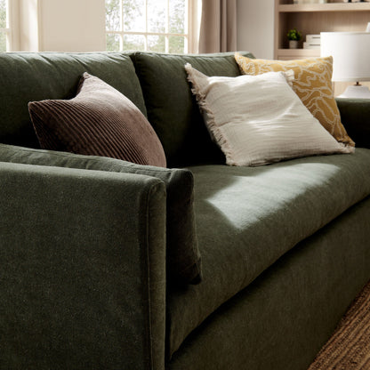 Wellfleet 85 Slipcovered Fabric Sofa, dark green upholstery beige pillows HouseOfZazla on Tampa Home & Garden Store