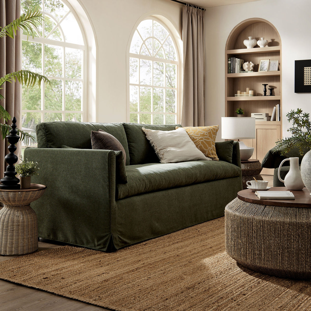 Wellfleet 85-inch Slipcovered Fabric Sofa by Modway in dark green fabric, living room setup on Tampa Home & Garden Store