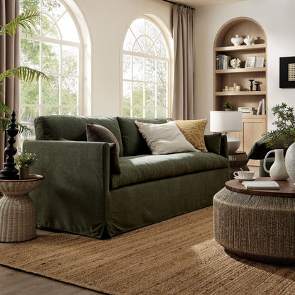 Wellfleet 85-inch Slipcovered Fabric Sofa by Modway in dark green fabric, living room setup on Tampa Home & Garden Store