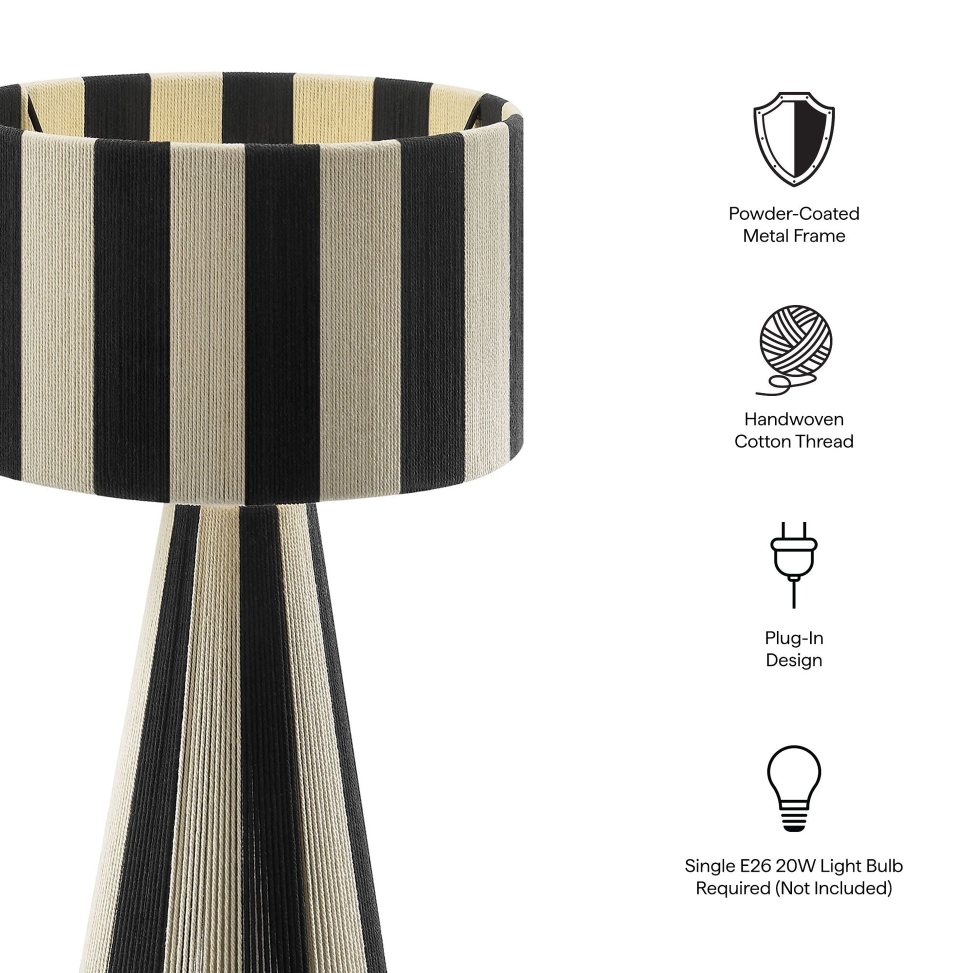 Renae handwoven cotton thread striped table lamp in black and beige with powder-coated frame on Tampa Home & Garden Store