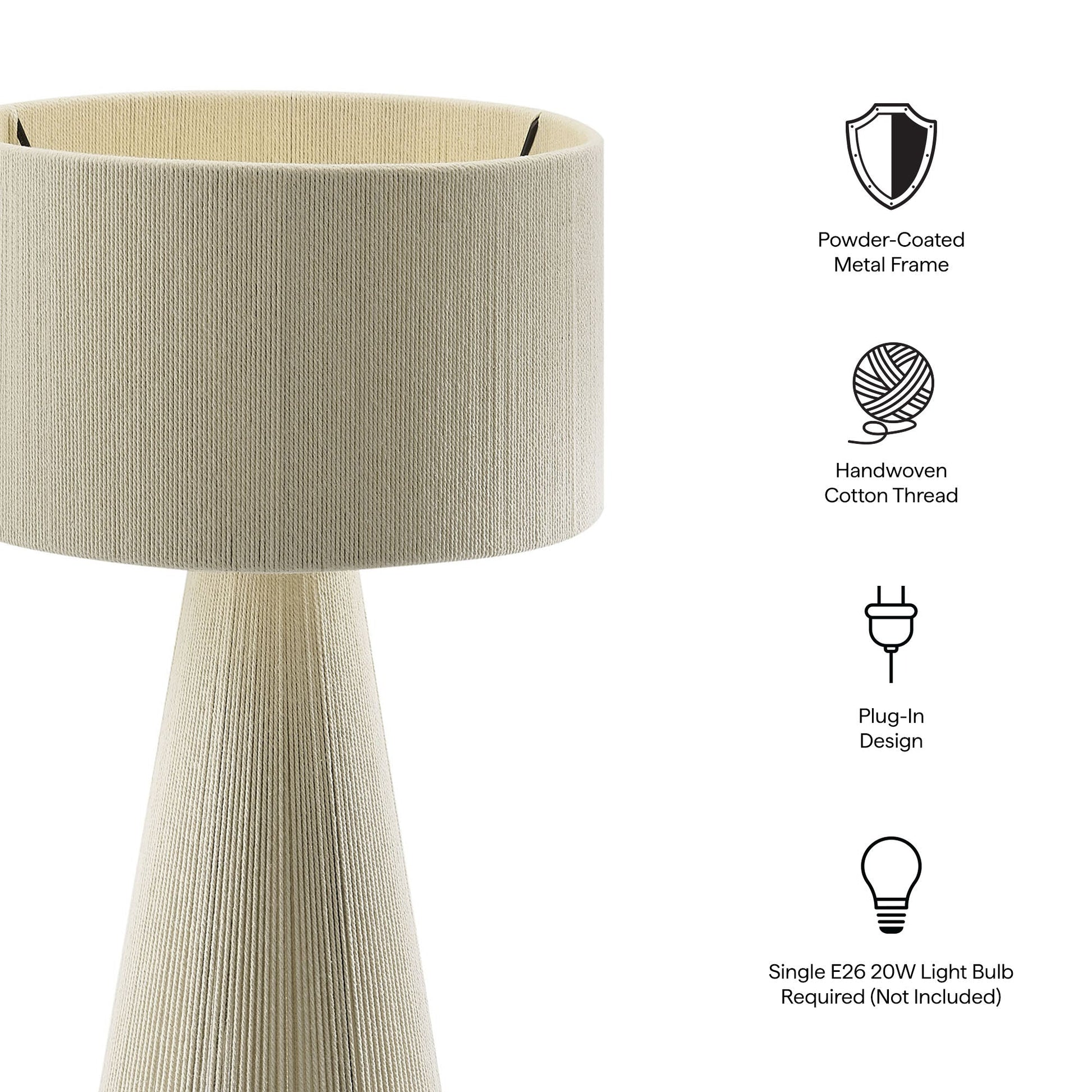 Gia Handwoven Cotton Thread Table Lamp by Modway in beige with a powder-coated metal frame on Tampa Home & Garden Store
