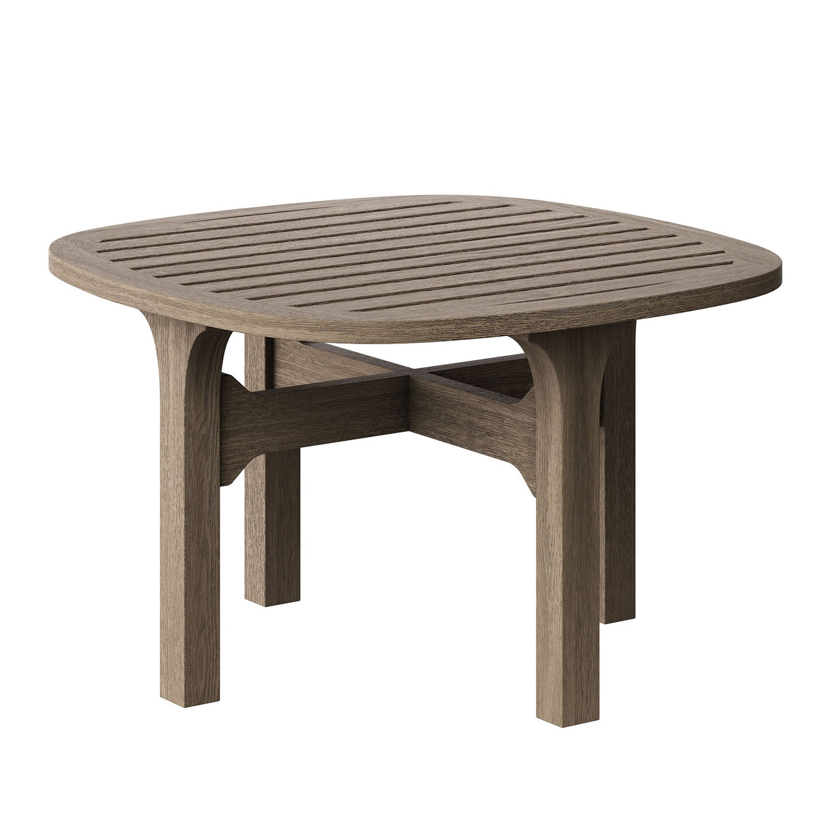 Round teak outdoor patio table with slatted top and curved legs by HouseOfZazla sofa tables on Tampa Home & Garden Store