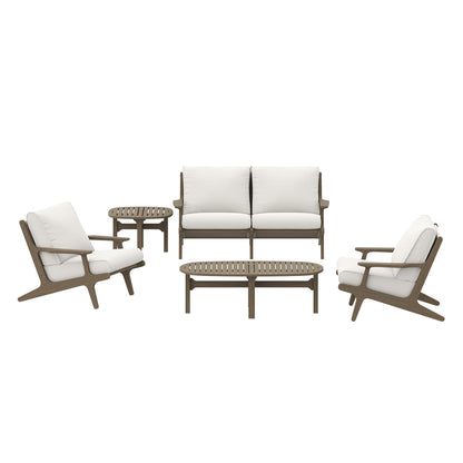 Saratoga 5-Piece Teak Outdoor Patio Set with white cushions; loveseat, 2 chairs, 2 tables on Tampa Home & Garden Store