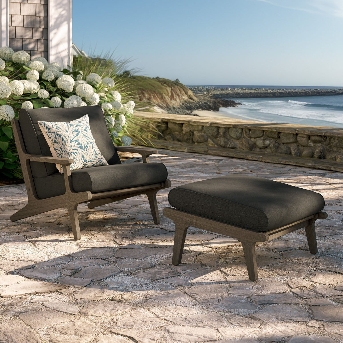 Saratoga outdoor teak wood chair and ottoman set with dark cushions, Modway on Tampa Home & Garden Store