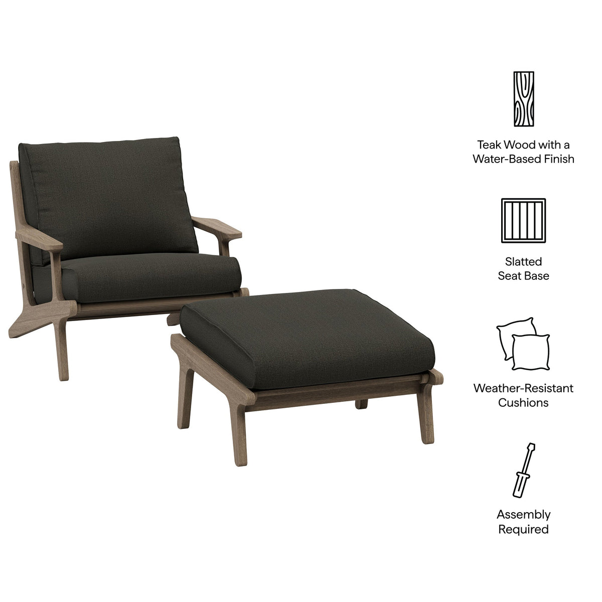 Saratoga outdoor teak chair and ottoman 2-piece set with dark cushions by HouseOfZazla on Tampa Home & Garden Store