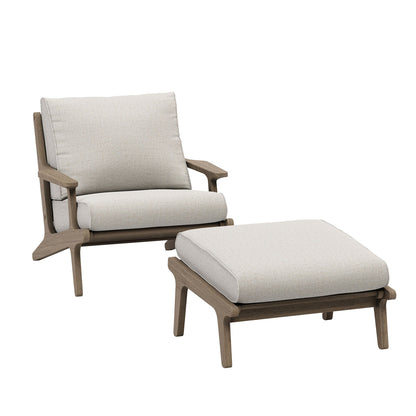 Saratoga outdoor teak wood patio chair and ottoman set with beige cushions on Tampa Home & Garden Store