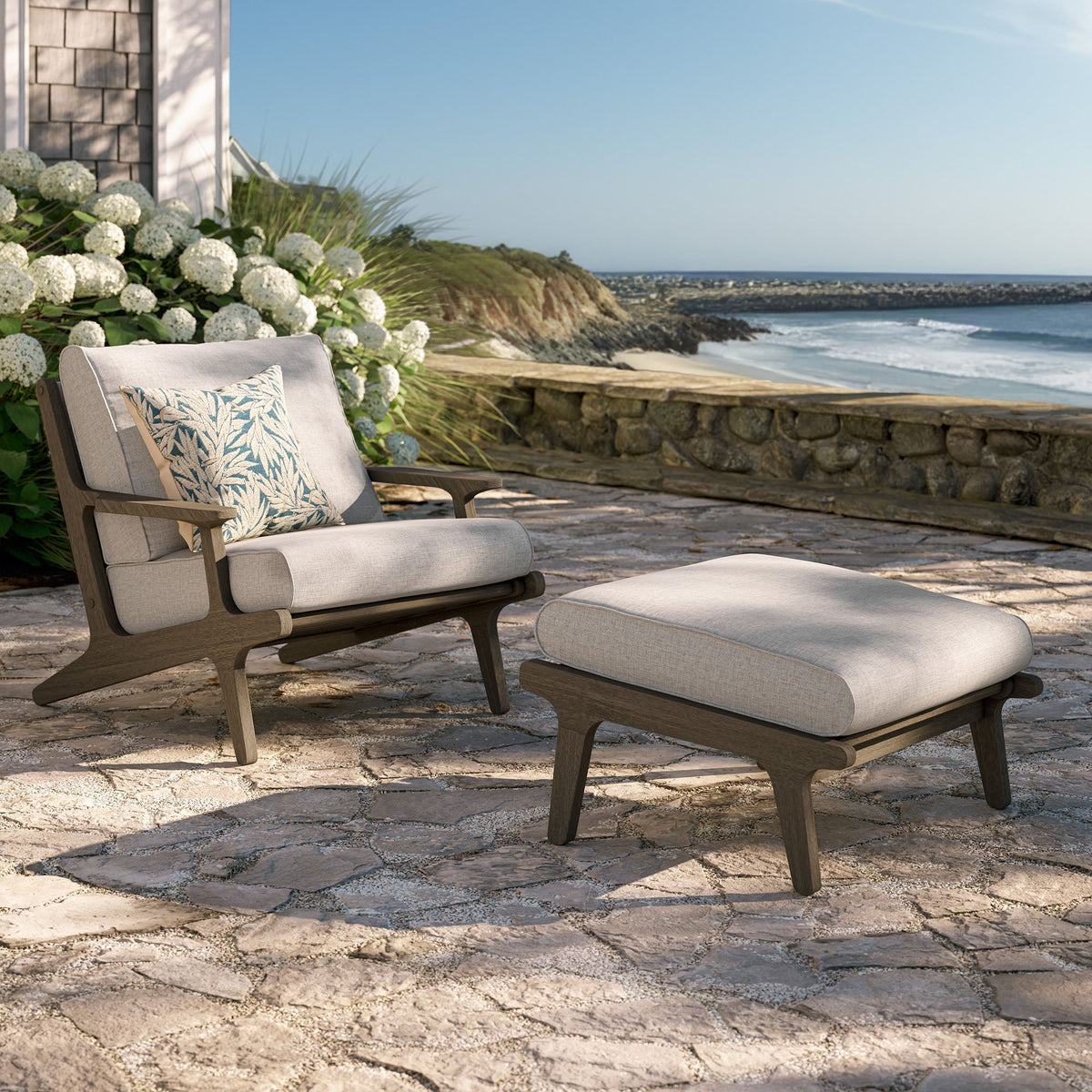 Saratoga outdoor teak wood chair and ottoman set with beige cushions, 1 chair + 1 ottoman, on Tampa Home & Garden Store