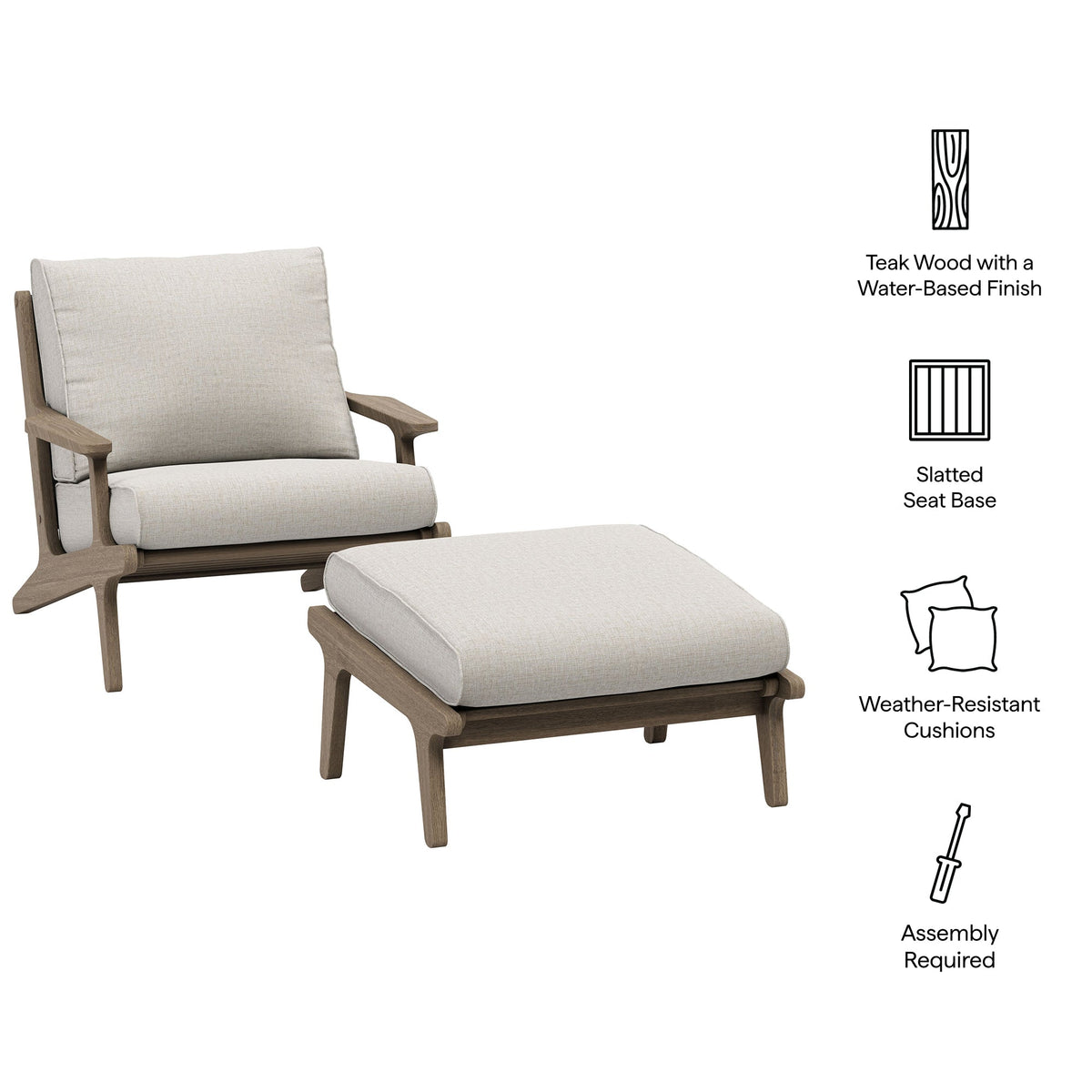 Saratoga Outdoor Patio Teak Wood Chair and Ottoman Set by Modway with weather-resistant beige cushions on Tampa Home & Garden Store