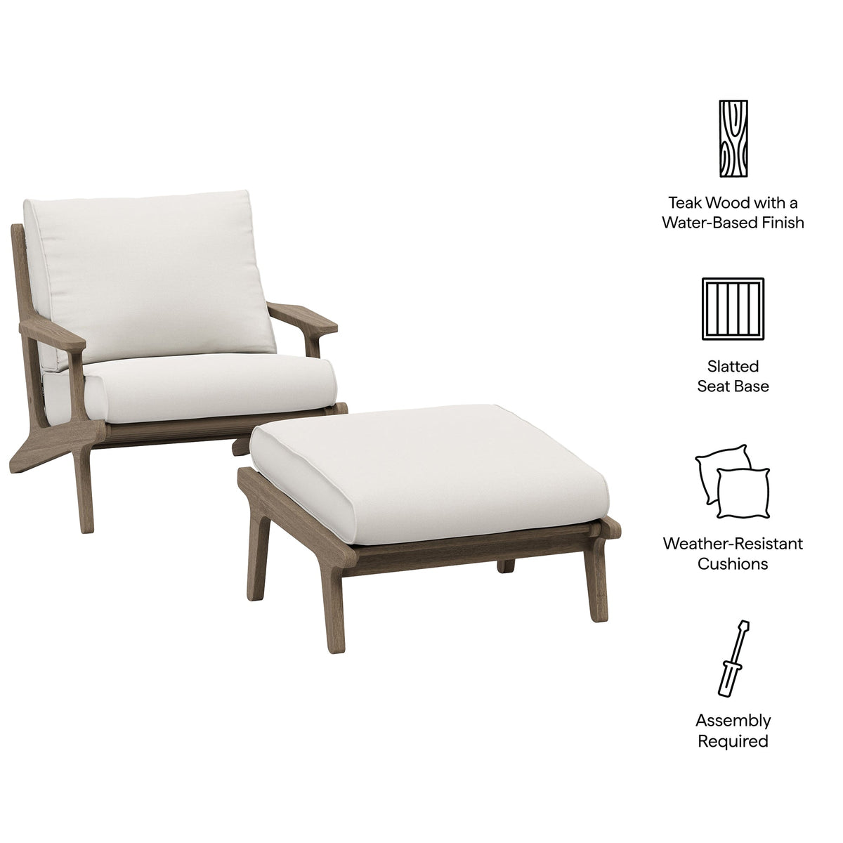 Saratoga outdoor teak wood chair and ottoman set with white weather-resistant cushions on Tampa Home & Garden Store