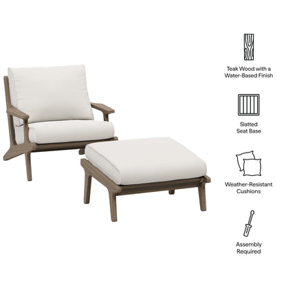 Saratoga outdoor teak wood chair and ottoman set with white weather-resistant cushions on Tampa Home & Garden Store