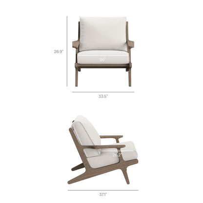 Saratoga outdoor teak wood chair and ottoman set with white cushions on Tampa Home & Garden Store
