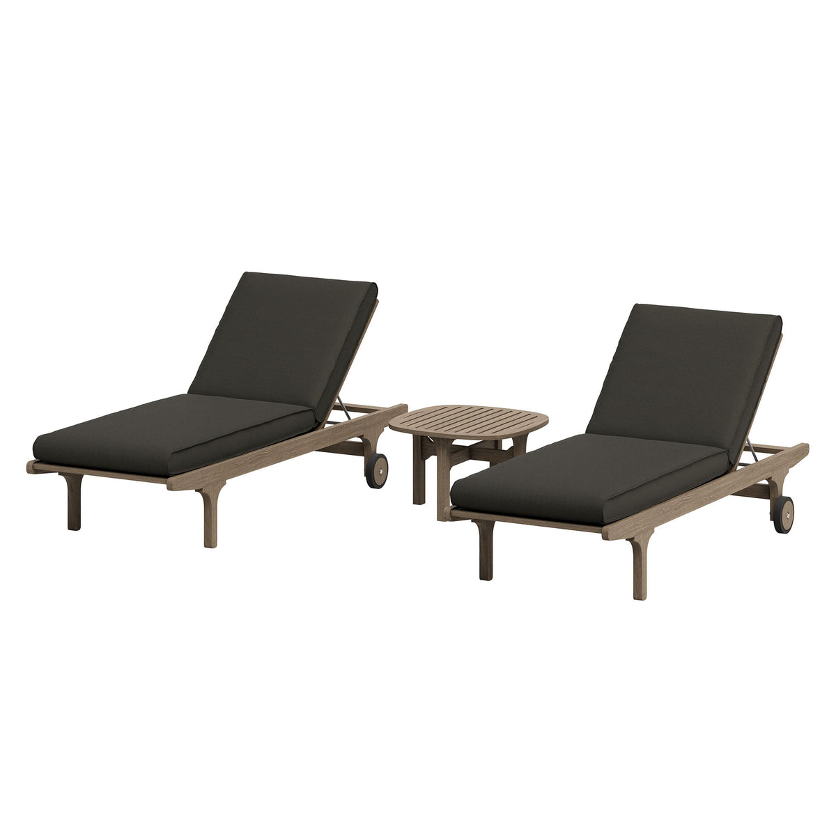 Saratoga Teak Wood 3-Piece Chaise Lounge Set with dark cushions and round side table on Tampa Home & Garden Store