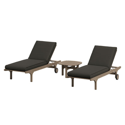 Saratoga Teak Wood 3-Piece Chaise Lounge Set with dark cushions and round side table on Tampa Home & Garden Store