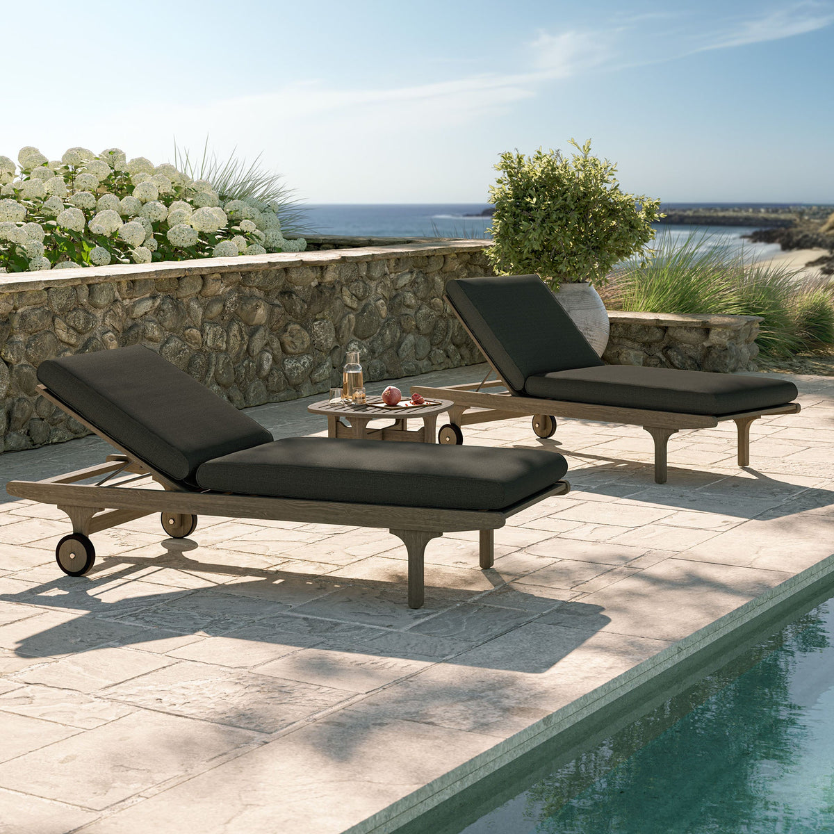 Saratoga teak wood 3-piece chaise lounge set with black cushions and table, two lounges on Tampa Home & Garden Store
