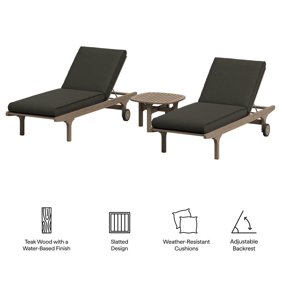 Saratoga teak outdoor 3-piece chaise lounge set with two loungers and a round table on Tampa Home & Garden Store