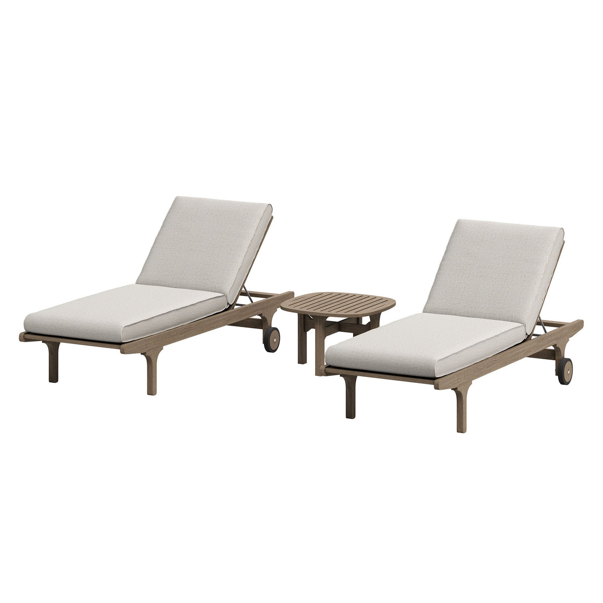 Saratoga teak wood chaise lounge set with beige cushions and round side tables on Tampa Home & Garden Store