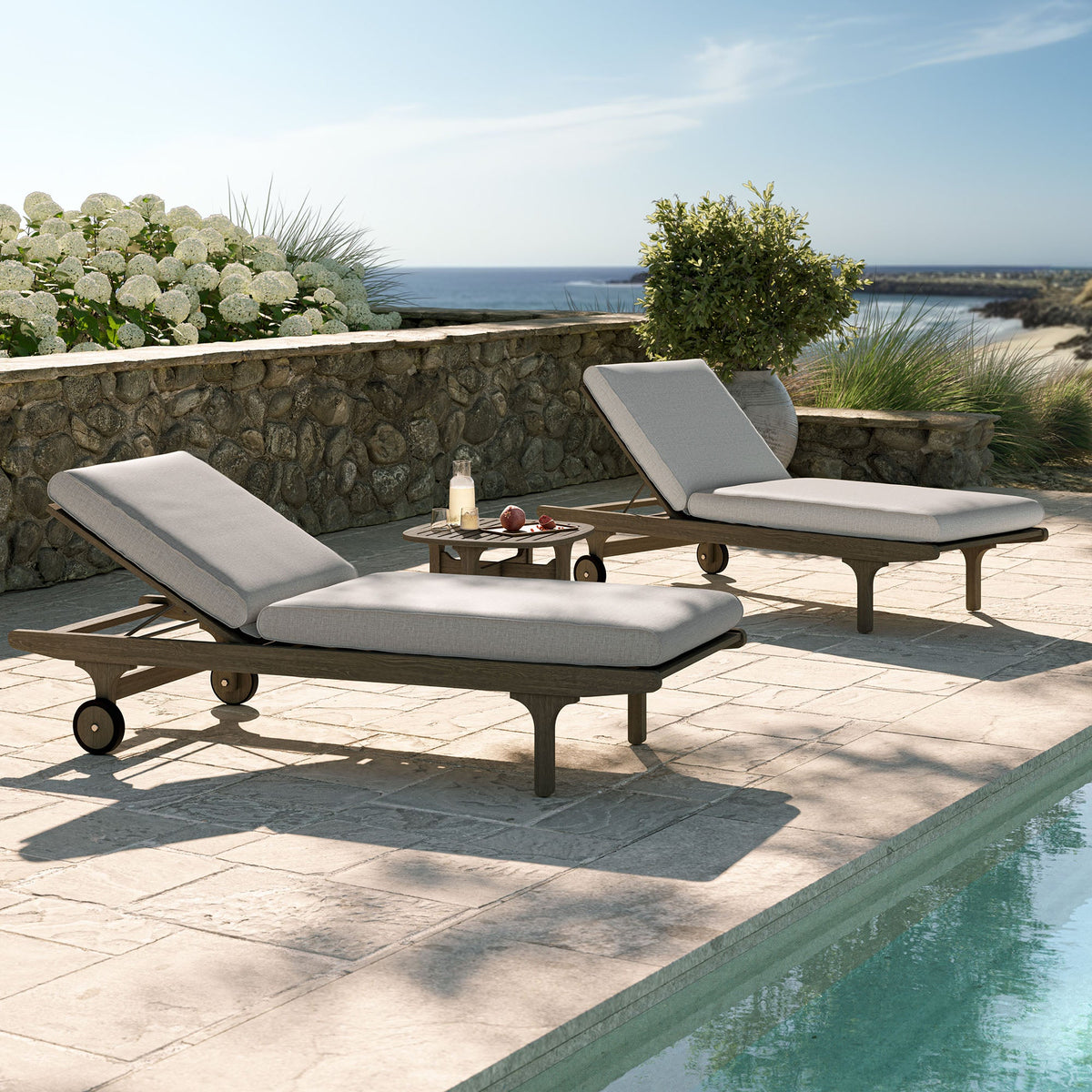 Teak wood 3-piece chaise lounge outdoor set with gray cushions and round side table by Modway on Tampa Home & Garden Store