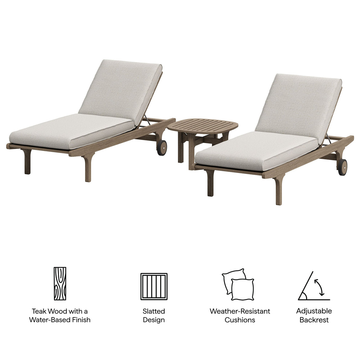 Teak wood 3-piece chaise lounge set with beige cushions and side table by HouseOfZazla on Tampa Home & Garden Store