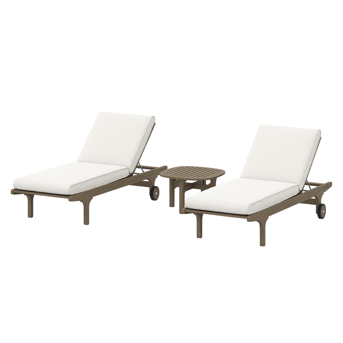 Saratoga outdoor teak wood 3-piece chaise lounge set with white cushions and small round table on Tampa Home & Garden Store