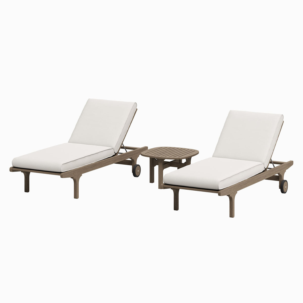 Saratoga Teak Wood 3-Piece Chaise Lounge Set with white cushions and 2 round side tables on Tampa Home & Garden Store